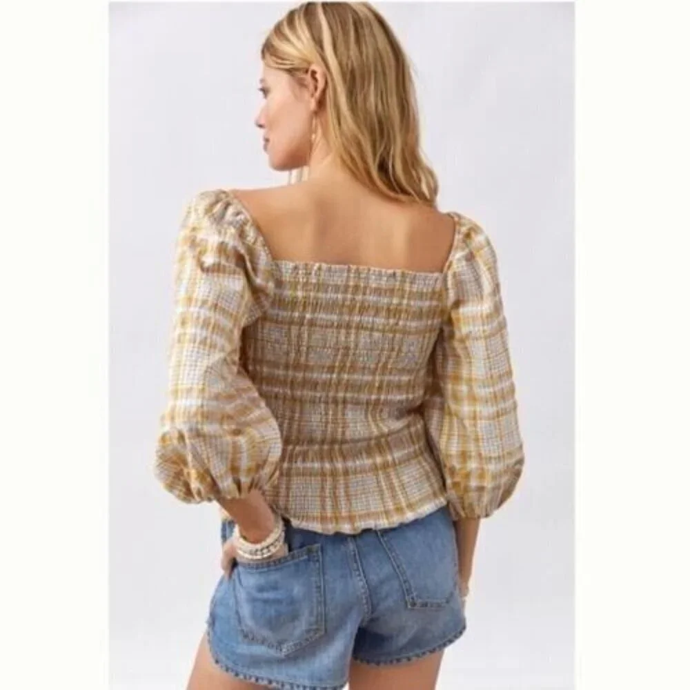 Anthropologie Maeve Plaid Blouses Puff Sleeves Cropped Size Med